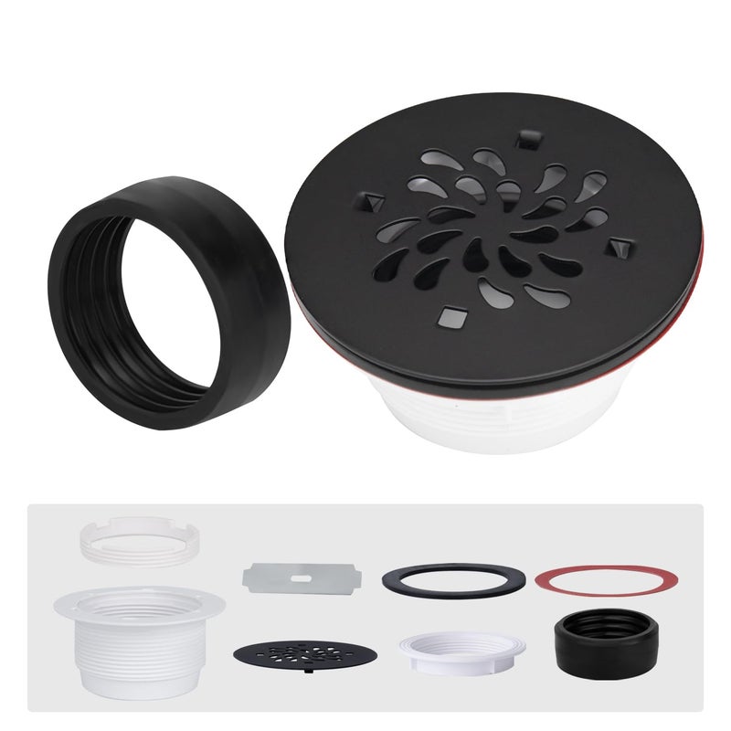 Uni-Green 4-1/4 inch Round Shower Base Drain - 2" Pipe No Caulk PVC Compression Shower Drain 304 Stainless Steel with Waterproof Rubber - Matte Black Strainer for Bathroom - For Shower Base,Shower Pan - Image 1